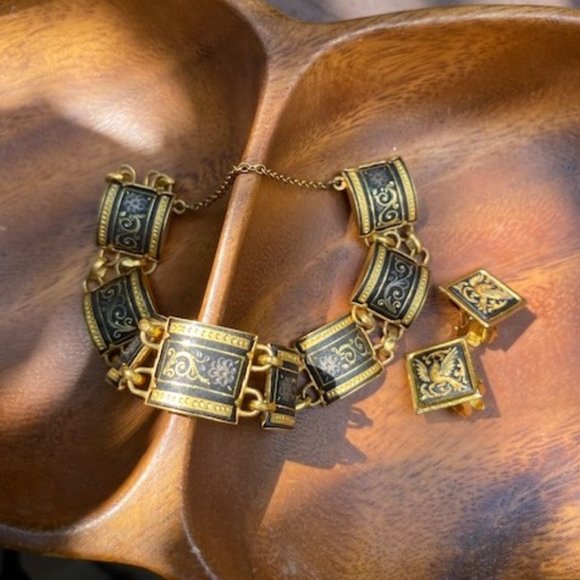 VTG Spanish Damascene Square Gold Link Bracelet and Earrings SET - Picture 5 of 10